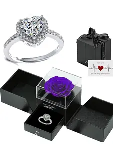 Glittering Heart Shaped Ring with Rose Gift Box, Elegant Wedding Ring for Women, Fashion Rings, Trendy All-match & Exquisite Engagement Jewelry for Birthday Gift, Valentine's Day, Romantic Jewelry Gift, Heart Initial Rings, Heart Cut Ring