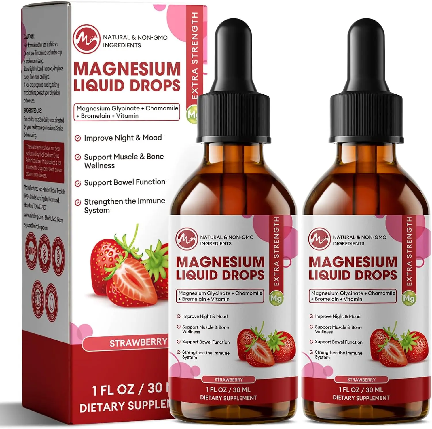 M inch Magnesium Glycinate Liquid, High Absorption Magnesium Supplement | 12-in-1 Advanced Formula with Chamomile, Hawthorn, Ginger Extract & Vitamin B6, B9, B12, C, D3, Strawberry Flavor, 2 Pack