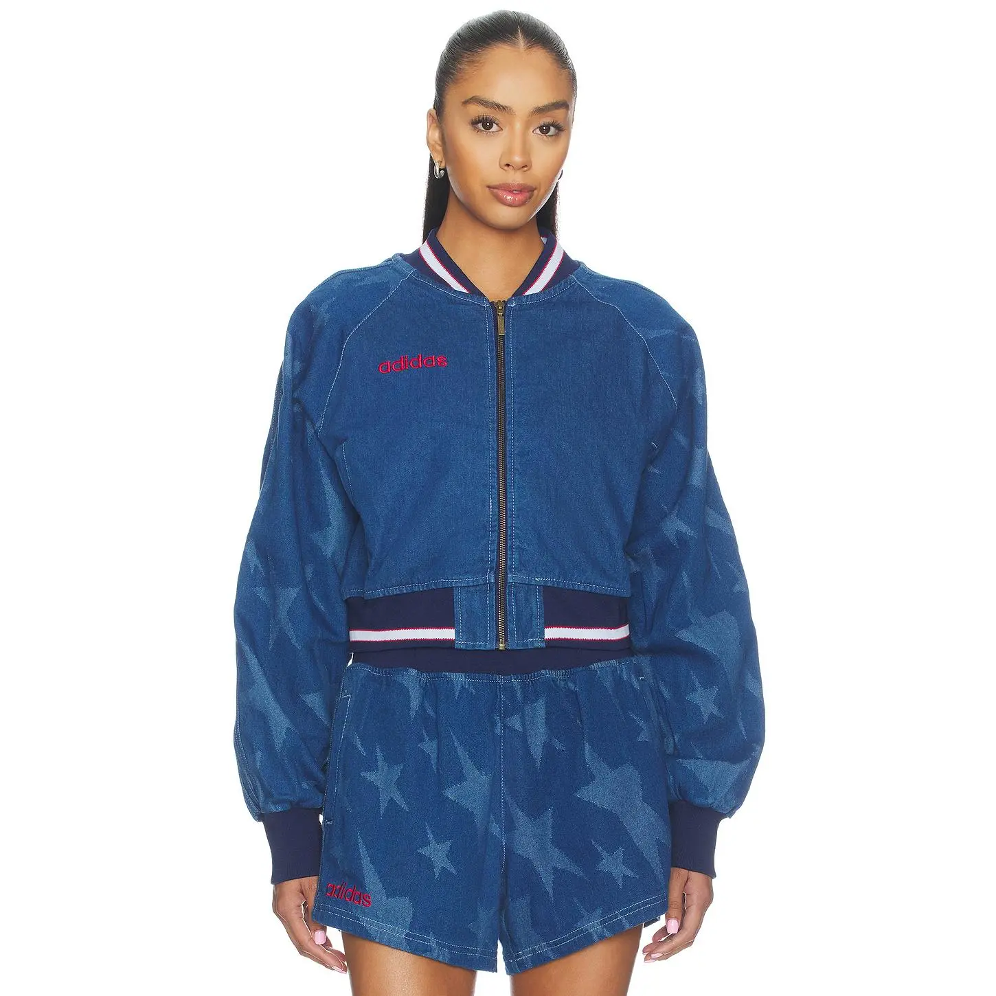 adidas Originals Superstar Denim Graphic Varsity Bomber Jacket in Medium Blue Denim
