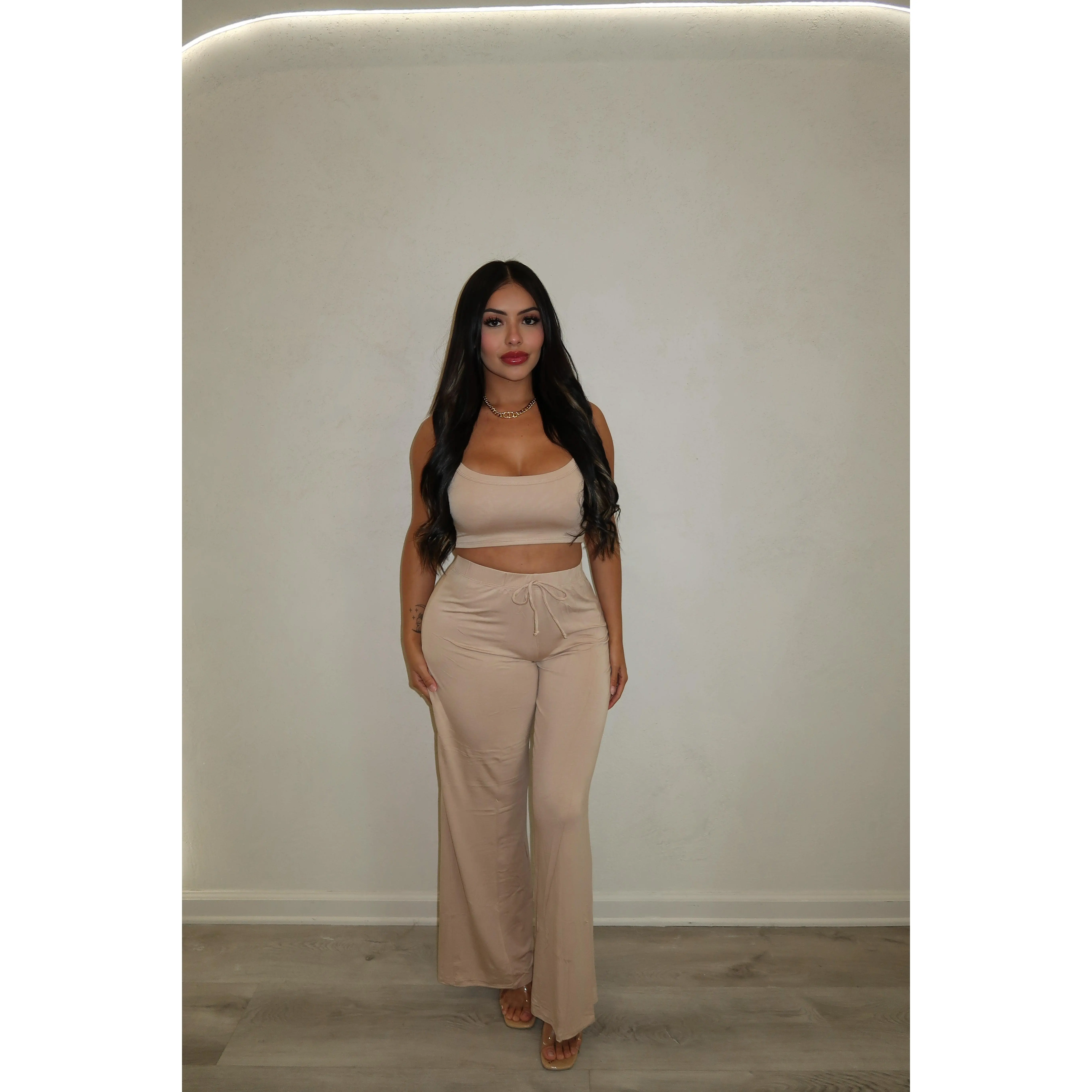 Modal scooped neck cami with wide leg pants set (sand) ST3249