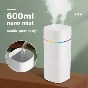 1Pc Double Spray Humidifier 7 Color Night Light 600ml Large Capacity Quiet Humidifier for Home USB Mist Maker For Desktop Car Office USB Powered Humidifier