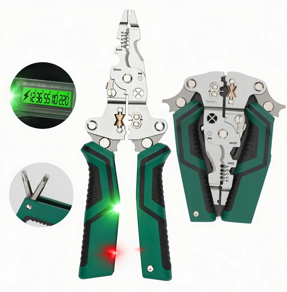 16-in-1 Compact Wire Stripping Pliers - Foldable Electrical Hand Tool with Digital Voltage Tester, Wire Cutter, Crimper, Screwdriver for Electricians, Auto Mechanics