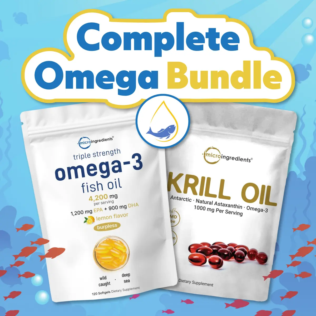 Micro Ingredients Complete Omega Bundle: Omega 3 Fish Oil 120 Softgels & Antarctic Krill Oil 300 Softgels Micro Ingredients Complete Omega Bundle: Omega 3 Fish Oil 120 Softgels & Antarctic Krill Oil 300 Softgels
