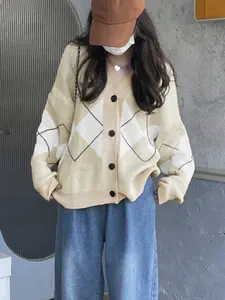 Women's V Neck Loose-Fitting Sweater Coat, New Almond Color Diamond Pattern Knit Cardigan, Casual Long Sleeve Fitted Design