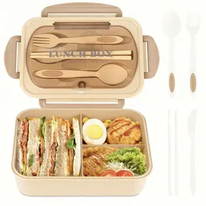 【Factory Direct Sales 】 Eat for Kids and Adult lunch 1200ml lunch container, leakproof lunch with 4 utensils, BPA free, 3-compartment lunch , microwavesafe portable travel winter gift eat box Khaki Tableware