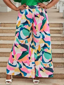 Elegant Plus Size Colorful Abstract Print Palazzo Pants, High Waist Flowy Wide Leg, Casual Beach Vacation Trousers, Multiple Colors Available