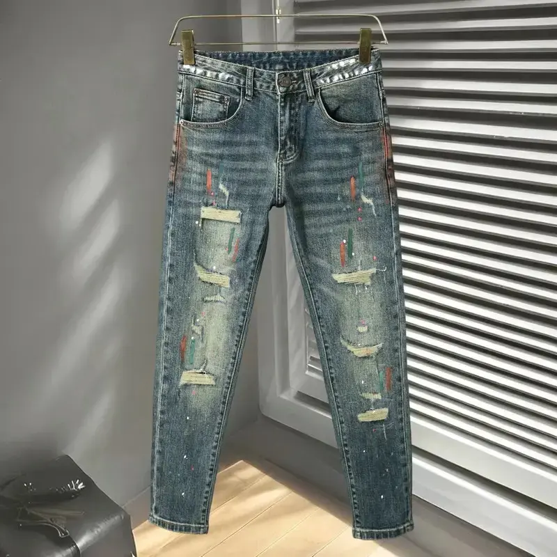 Men's Korean Style Retro Full-Length Stretchy Slim Fit Jeans - Vintage Distressed Denim, Splatter-Paint, Casual Long Pants, Menswear Fashion Apparel
