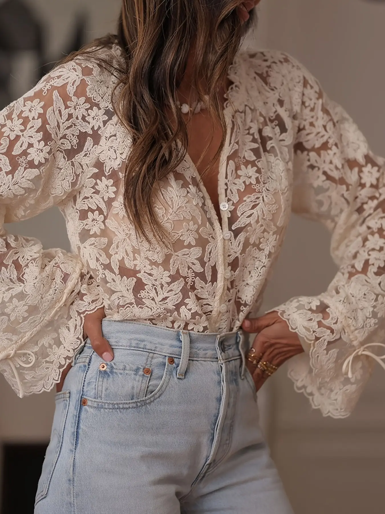 Women's Lace Embroidered Shirt, Fashion Elegant Chic Hollow Out Design, Flare Sleeves Button Blouse, Long Sleeve Loose Fit Casual Top Embroidery Womenswear Button Up Blouses