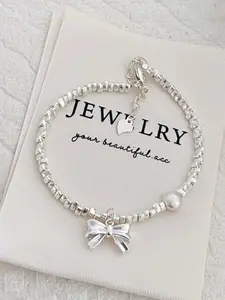 Sterling Silver Heart Charm Bracelet with Pearl and Bow Dainty Cute Adjustable Chain for Women Girls Fashion Jewelry Gift Heart Design Bracelet Bow Bracelets High Quality Bracelet Pretty Bracelet