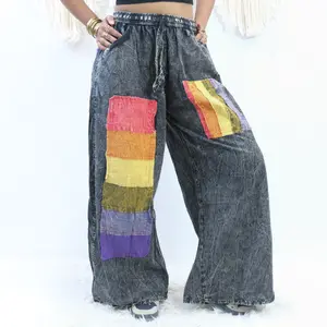 Stonewashed Rainbow Patchwork Wide Leg Pants, Cotton Boho Festival Trousers with Pockets, Hippie Rainbow Patch Pants