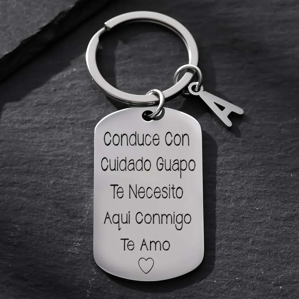 Stainless Steel Spanish Drive Safe Tag Keychain Charm, Custom Compact Everyday Carry Engraved Matching Keychain for Husband Valentine's Day Gift, Custom Keychains