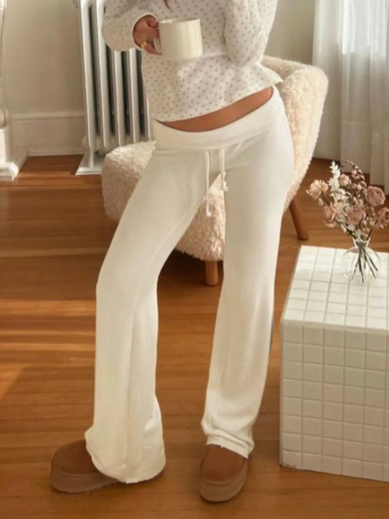 Women's Solid Drawstring Waist Pants, Casual Comfy Straight Leg Trousers for Daily Wear, Rib Flares Pants, Ladies Bottoms for Spring & Summer & Fall