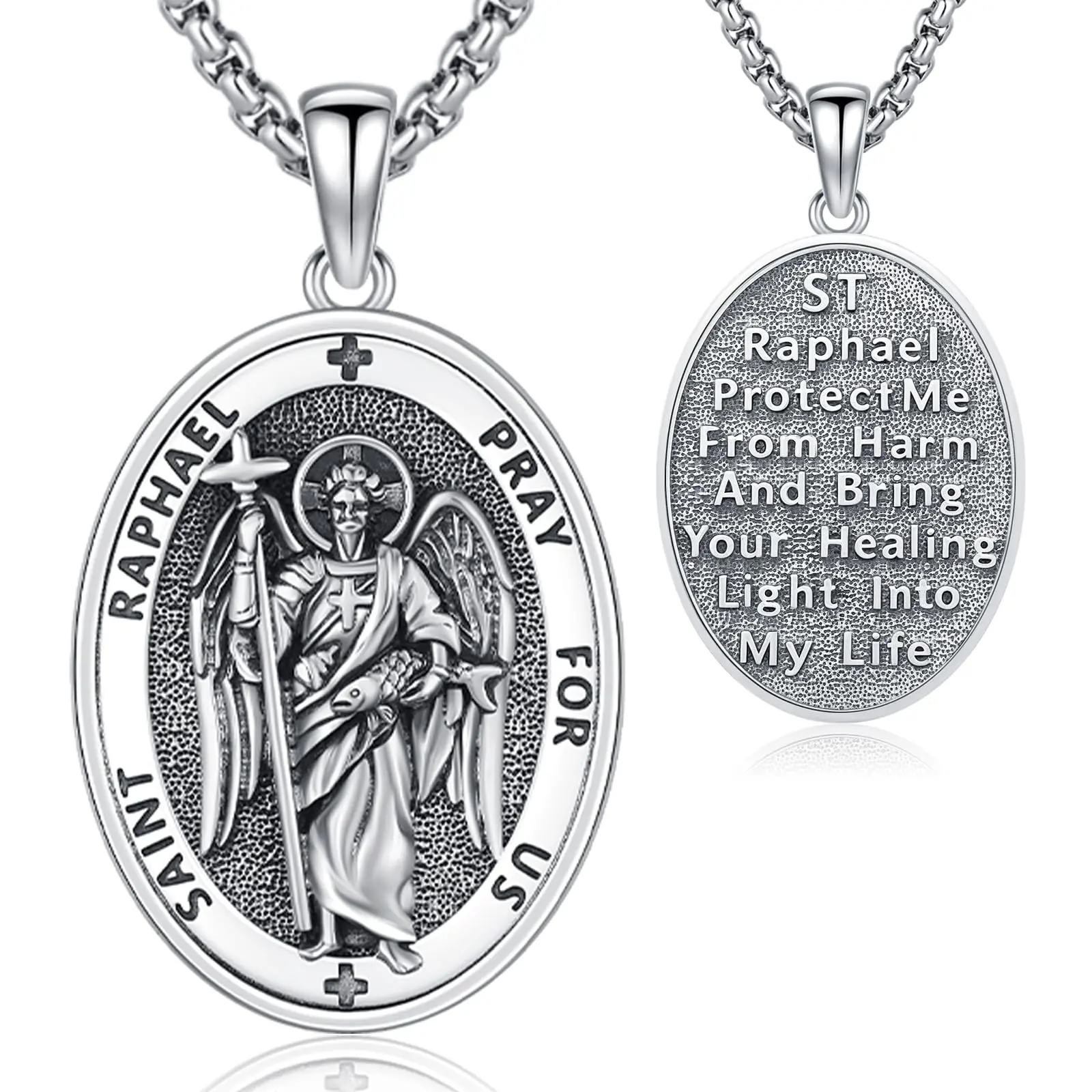 AUDINCEED S925 Sterling Silver Archangel Saint Raphael Medal Necklace, Healing Spiritual Protection Amulet Pendant Jewelry Gift for Men, Healing Necklace, Spiritual Necklace