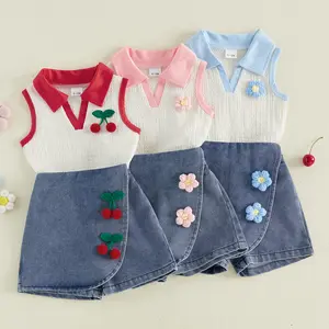 [Yomi Kids] Toddler Girls Summer 2 Piece Outfits Cherry Decor Lapel V-Neck Tank Tops Denim Skorts Set
