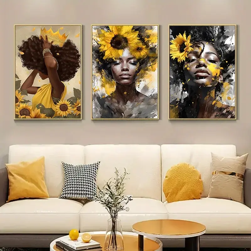 Set of 3 African Black Woman Canvas Painting Watercolour Yellow Sunflower Floral Abstract Design Poster Graffiti Art Bedroom Gallery Unframed Art Print Wall Art Decoration, Art Work For Wall Decor, Aesthetic Wall Decor, Modern Home Decor Artwork Set