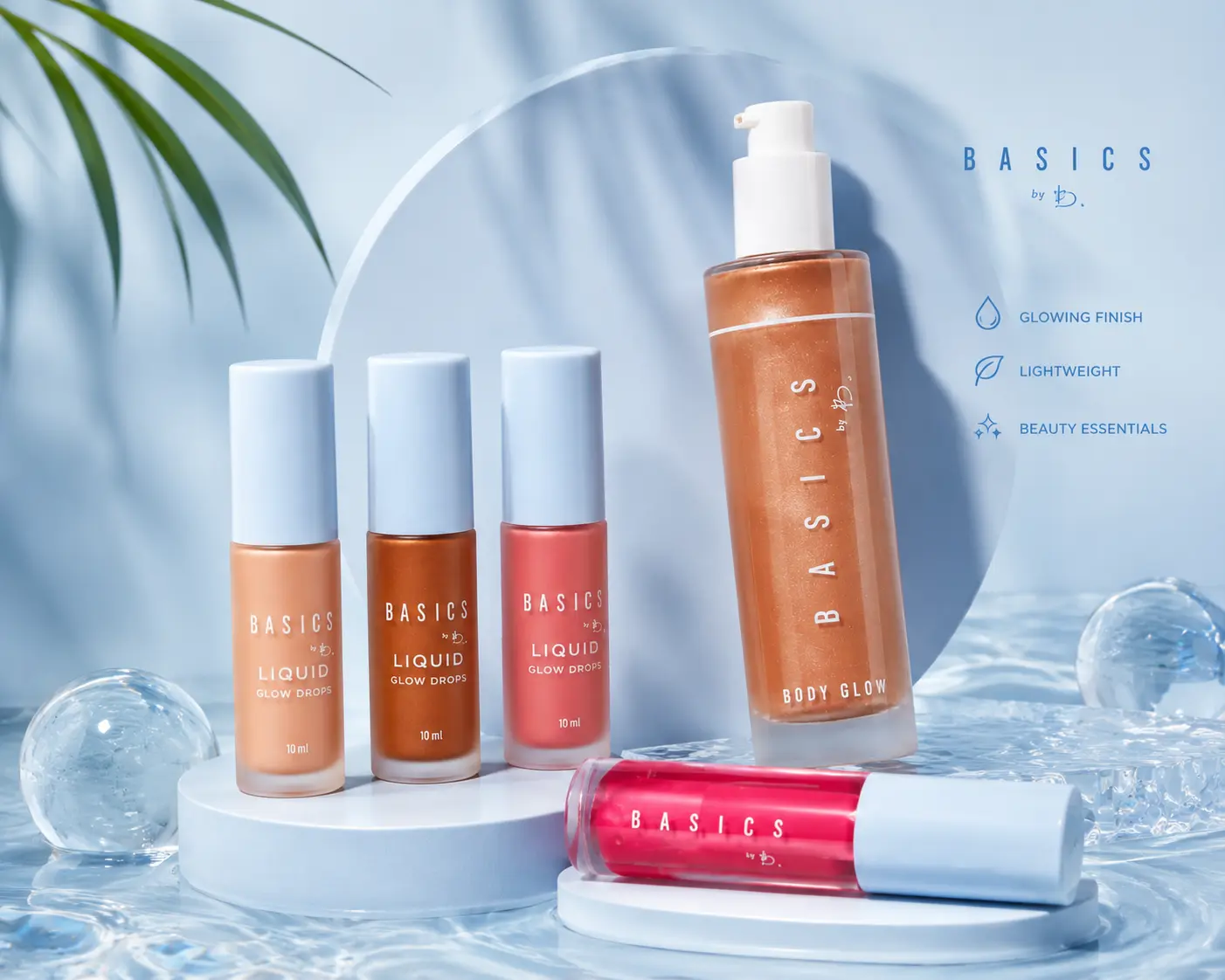 Basics By B Glow Beauty Makeup Bundle - Illuminating Shimmer Body Lotion, Luxe Lip Oil, Liquid Radiance Drops (Marbella, Miami, Tulum)