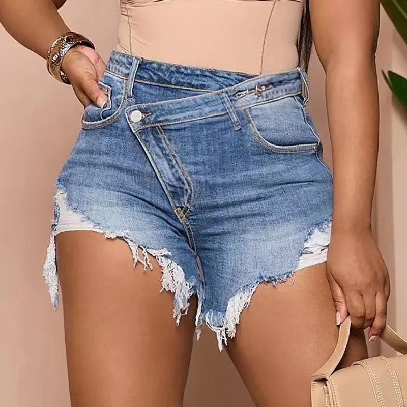 Spring and Summer New Cross High Waist Design Sexy Raw Edge Personalized Denim Shorts Women Slim Fit Blue Asymmetrical Bohemian Bottoms