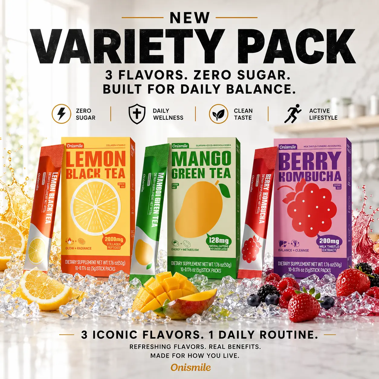 Onismile 3 Flavors - Variety Pack Powdered Drink Mix Powder Packets Water Enhancer Water Flavor Packets Natural 3 Flavors Lemon Black Tea + Mango Green Tea + Berry Kombucha Zero Sugar Low Calorie On-the-Go Stick Single Servings