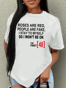 Women's Letter & Figure Print Round Neck Tee, Top, Casual Everyday Tops, Trendy Casual Drop Shoulder Short Sleeve Fitted T-Shirt for Daily Wear, Ladies Summer Clothes, Funny Graphic Tees, Womenswear, Tshirt
