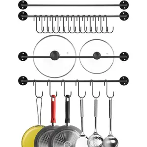 4 Pcs Black Iron Kitchen Utensil Rack Wall Mounted Organizer with 20 Hooks, Heavy Duty Kitchen Rail with Hooks for Pots Pans Lids Storage, Space Saving Wall Hanger Holder for Organization