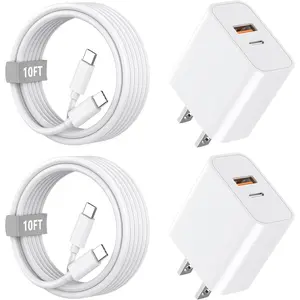 2-Pack Dual Port PD+QC3.0 Wall Charger Fast Charging with 10FT Long USB C Charging Cord for iPhone 16/16 Plus/16 Pro/16 Pro Max/15/15 Plus/15 Pro/15 Pro Max