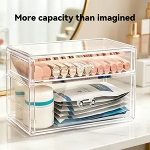 UFORU 2-Drawer Clear Acrylic Makeup Organizer, Dustproof Waterproof Cosmetic Storage Box for Lip Gloss, Face Mask & Skincare, Stackable Vanity Organizer