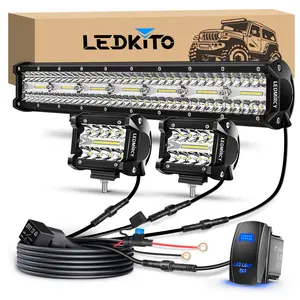 LEDKITO 20" LED Light Bar Combo with 4" Pods with Switch 3 Leads Wiring Harness Kit White Super Bright Waterproof Lights Universal Off-Road Kit for Truck ATV UTV Boat