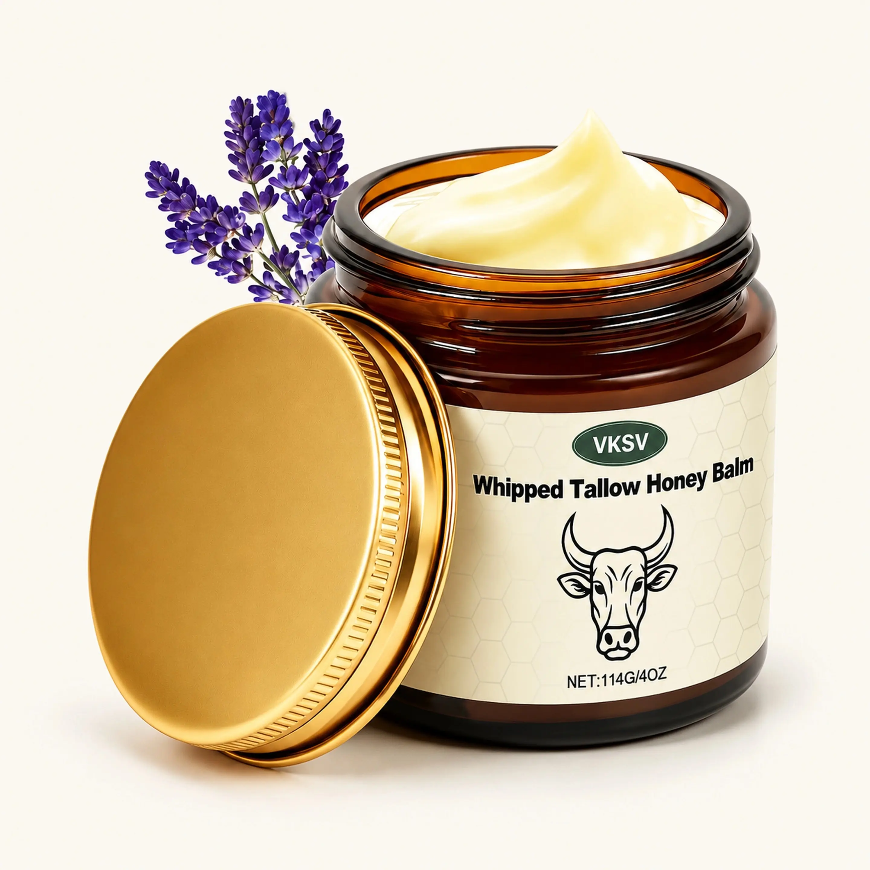 Whipped Grass-Fed Beef Tallow Honey Balm – Lavender Scent, Deep Moisturizer for Face, Hands & Body, 4 Oz