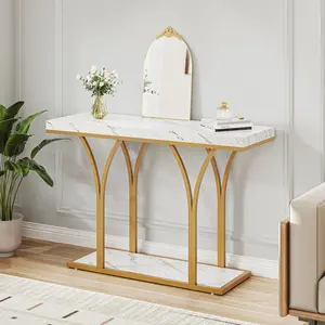 DWVO Gold Console Table with LED Lights, White and Gold Entryway Table, Modern Narrow Sofa Side Foyer Accent Table with Faux Marble Top Luxury for Hallway, Living Room