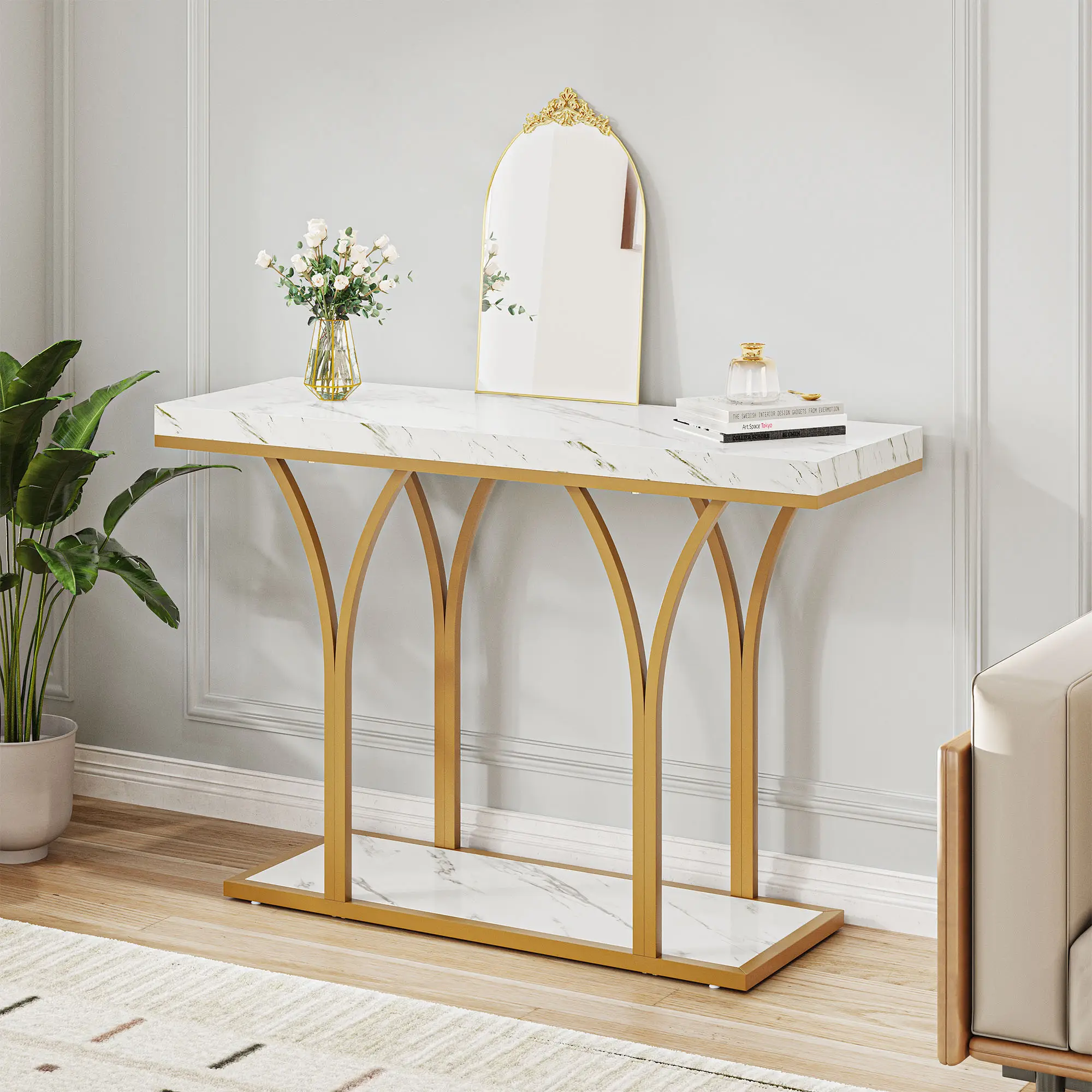 DWVO Gold Console Table with LED Lights, White and Gold Entryway Table, Modern Narrow Sofa Side Foyer Accent Table with Faux Marble Top Luxury for Hal