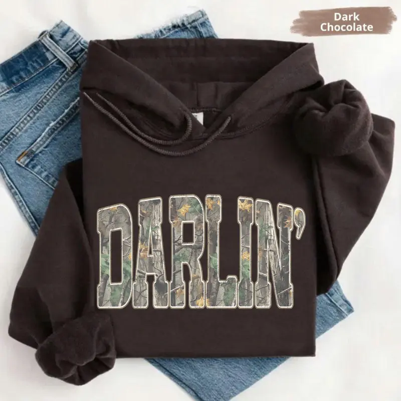Retro Camo Western Hoodie, Darlin Retro Camo Country Distressed Cowboy Quote, Camouflage Shirt, Western Concert Hoodie, Southern Hoodie