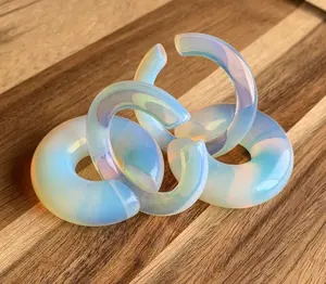 PAIR of Unique Opalite Stone Hoops Ear Weight Hanging Glass Plugs - Gauges 4g (5mm) up to 5/8" (16mm)