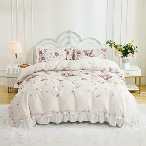 Pink Floral Comforter Set Queen Size Vintage Ruffle Bedding Duvet Set Farmhouse Cottage Coquette Bedding Soft Lightweight Pink Lavender Flowers Printed Pastoral Style Bedding Set 3 Pieces