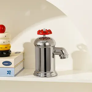 Novelty Faucet Shaped Coffee Mug, 11.8oz Ceramic Cup with Red Valve Lid, Funny Gag Gift for Men, Dad, Coworkers, Unique Office Decor & Coffee Lover Drinkware Tumbler