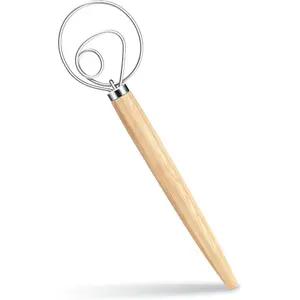 13-Inch Dough Whisk-Wooden for Dough With Stainless Steel Dough Hook - Traditional Whisk - For Sourdough, Pizza, Pastry, Cake Batter (Rubberwood, Silver, 1)