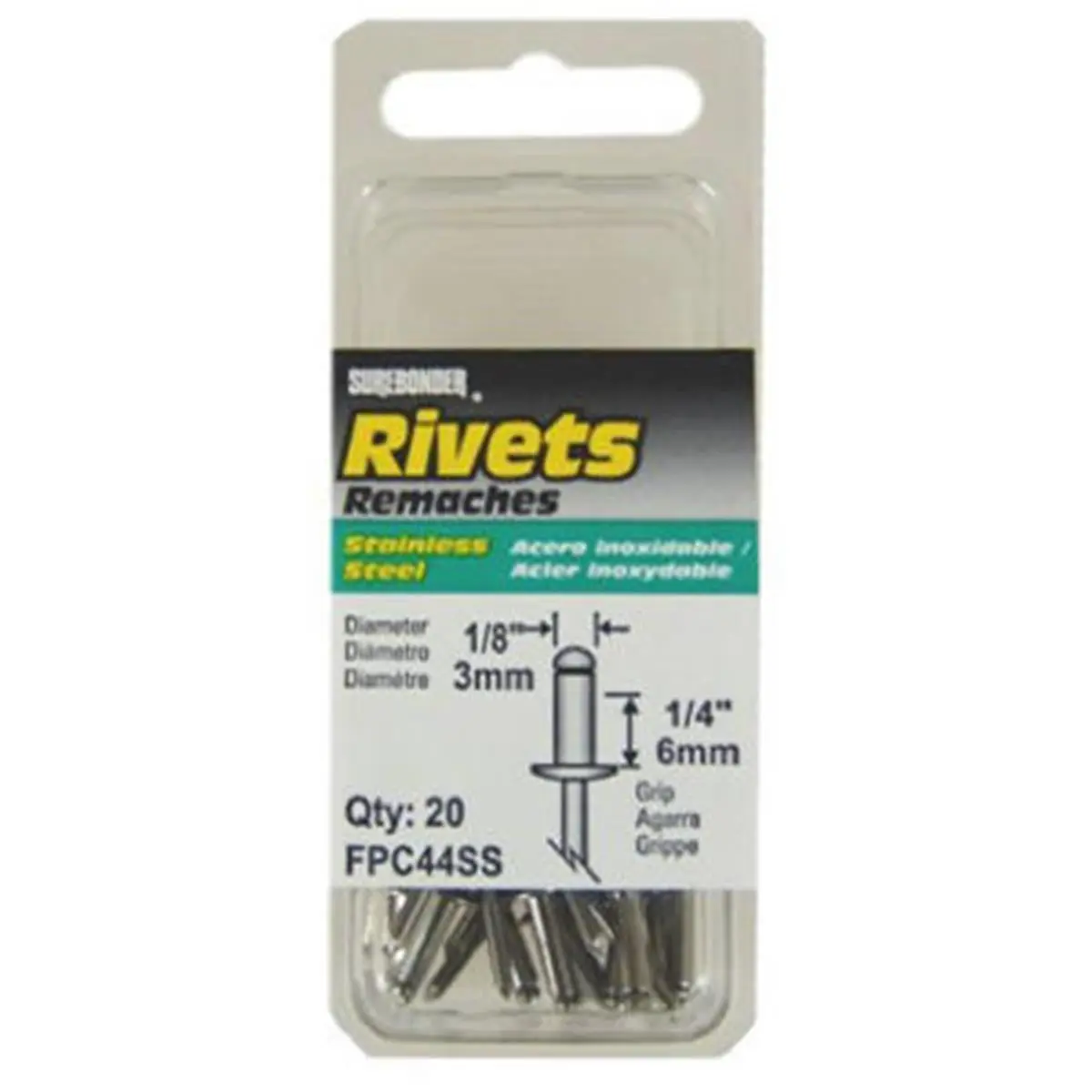 Surebonder FPC44SS Medium Stainless Steel Rivets, 20-Pack, 1/8 in. Diameter with Mandrel for Sailing Water Sports, Surebonder 20 Pack
