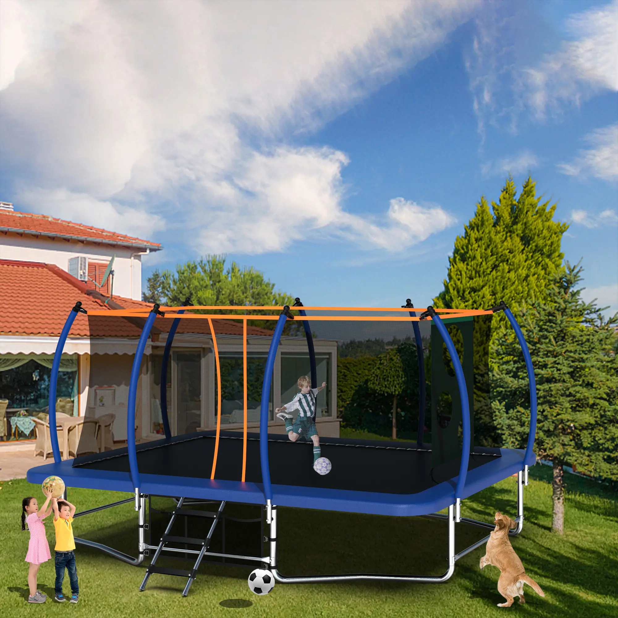 Mersco 10x16FT Rectangular Exercise Trampoline for Kids Outdoor Play, ASTM F381-16 & F2225-15 Safety Standards, Curved Steel Frame, Safety Net, Soccer Net, Storage Bag, Green & Blue Workout Equipment for Home Workout, Trampoline Jumping Bouncer