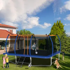 Mersco 10x16FT Outdoor Rectangle Trampoline for Kids & Adults with Curved Poles, Pumpkin Trampoline with Soccer Net & Storage Bag, Green & Blue, Secure & Stable Design, Home Workout Equipment, Anniversary Gift, Fall Decorations