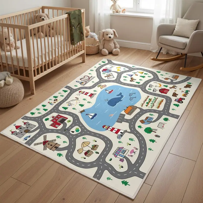 Kids Road Play Rug — City Map Town & Farm Playroom Carpet