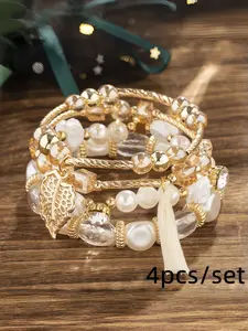 Boho Style Elastic Bracelet Set, Multilayer Leaf Beaded Design, Perfect for Casual Wear & Daily Accessory Use, Ideal Gift Choice, Boho Style Jewelry