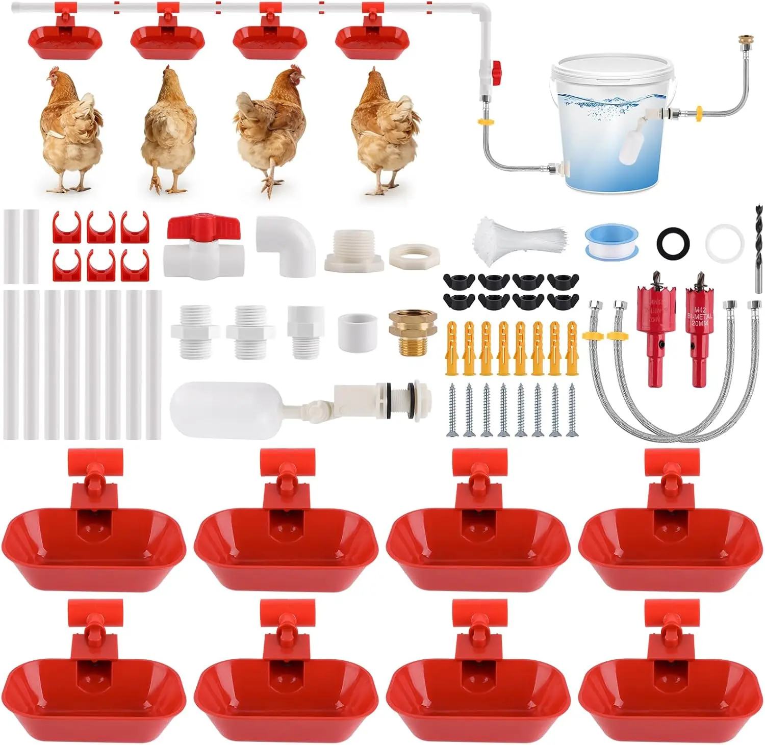 Kalolary Complete Set Automatic Chicken Waterer System | Large Poultry Chicken Water Cups with Stainless Steel PVC Pipeline,Float Valve and Tank Connector Kit,66 Accessories Included