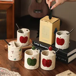 Creative Apple Shaped Ceramic Cup, Hand Painted Underglaze Cute Bow Funny Coffee Mug, Perfect for Latte Milk Tea, Ideal for Couples Family Breakfast