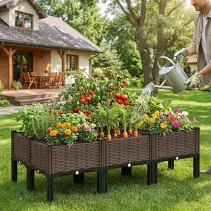 47" Vintage Elevated Raised Garden Bed, No-Bend Wicker-Look Versatile Outdoor Planter Box with Drainage, Easy-Assembly Garden Accessories for Backyard, Patio & Balcony Gardening (Grow Vegetables, Herbs, Flowers)
