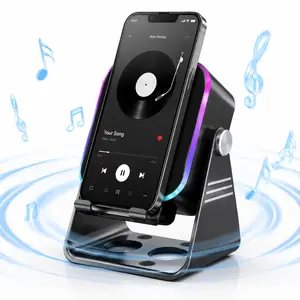 Bluetooth 5.0 Wireless Induction Speaker with Phone Bracket, RGB Color Cycle Lights, 3500mAh Recharge Battery & Personalized Wired Microphone, Portable Audio Amplifier Compatible with iPad Android Samsung iPhone Black holder tablet LED Quran