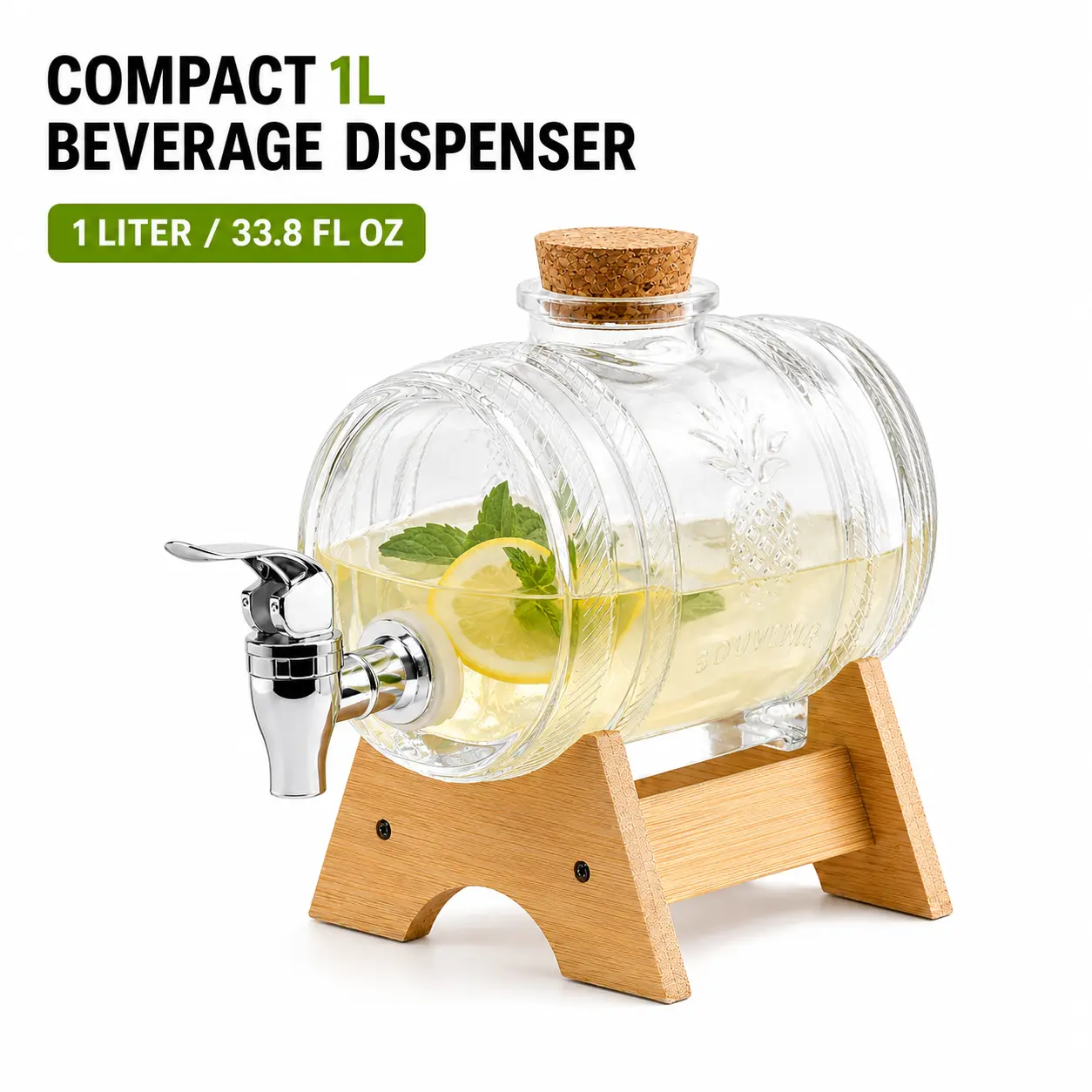MIUVA 1L Sturdy Leakproof Drink Dispenser - Wooden Lid, Convenient Tap, Wine Barrel Design Airtight Beverage Pitcher for Juices, Alcohol | Mid Year Sale