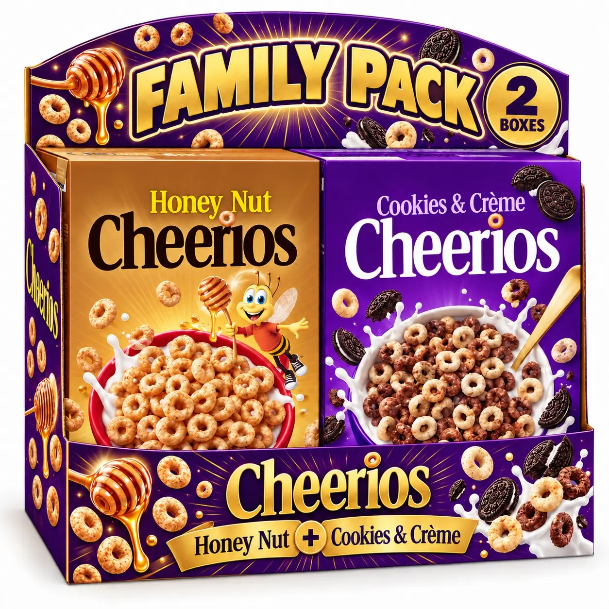Cereal Variety Family Pack – Amazing Honey Nut & Cookie and Crème Flavors, 2 Family Size Boxes, Breakfast Favorites