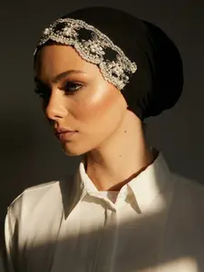 Women's Geometric Contrast Lace Sleep Cap Jersey Turban Hijab, Breathable Lightweight Headscarf for Daily Casual Wear, All-Season Accessory