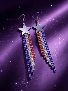 US Flag Long Tassel Earrings, Inlaid Rhinestones Red White & Blue Crystal, Luxurious & Sparkling Hypoallergenic, Fade Resistant Great for Independence Day Parties, Parades, Festivals & Daily Wear