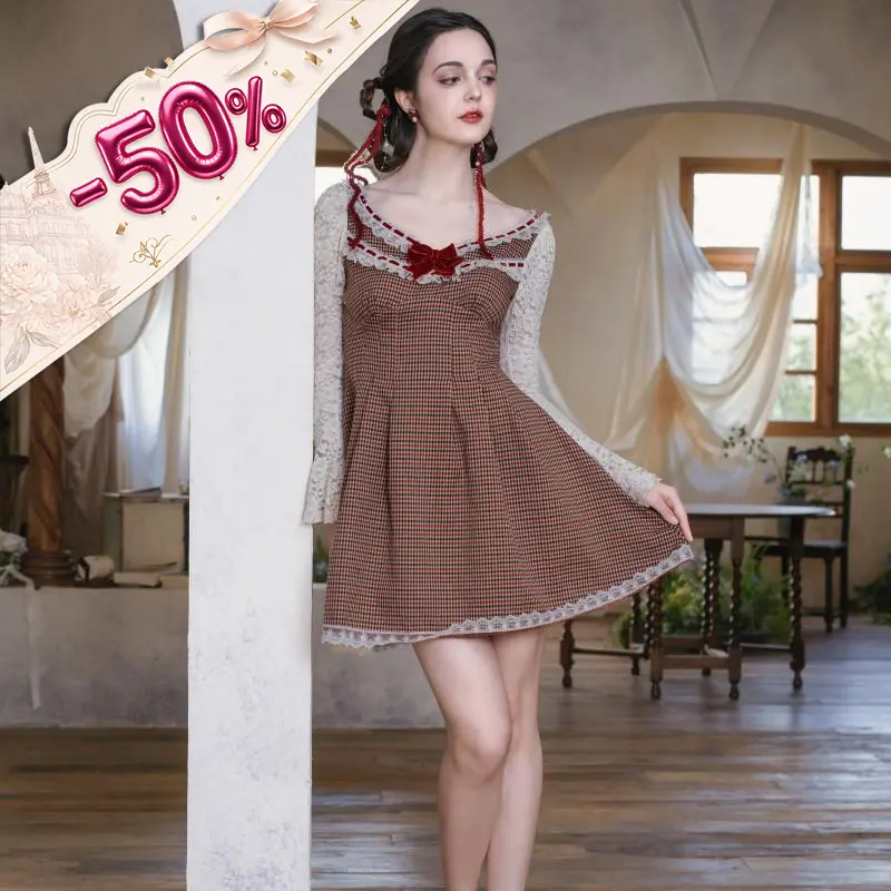 Sweet Lace Plaid Doll Dress-LuminaVenus Dresses vintage lace plaid babydoll dress  cottagecore plaid mini dress  French style lace sleeve dress  sweet vintage mini dress for women  retro plaid dress with lace sleeves