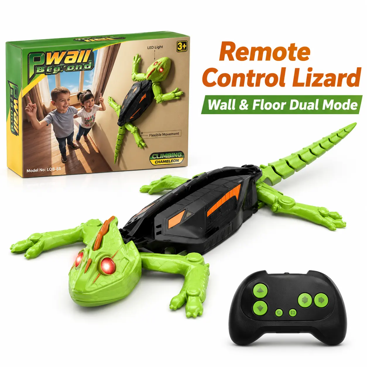 Climbing Chameleon Toy for Kids, Green Lizard Animal Play Figure, Wall & Floor Crawling Toy